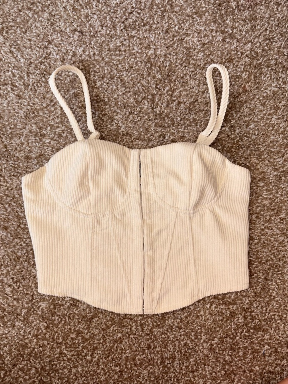 Cream Ribbed Bustier Crop Top with Spaghetti Straps